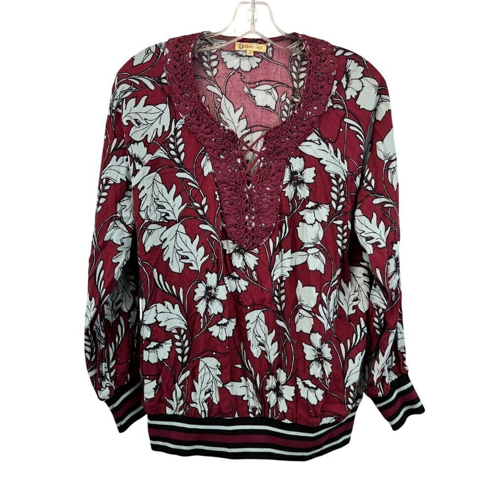 Democracy Women’s Floral Top Crochet Long Sleeve Burgundy/Multi Size Small